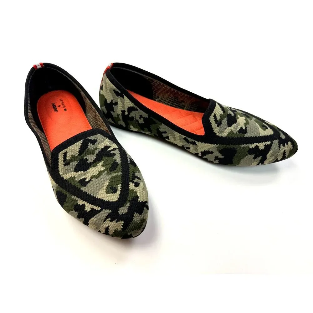 BIRDIES x JUDY Blackbird Camo Flats Women 9 EUC‎ Green Knit Pointed Toe Washable